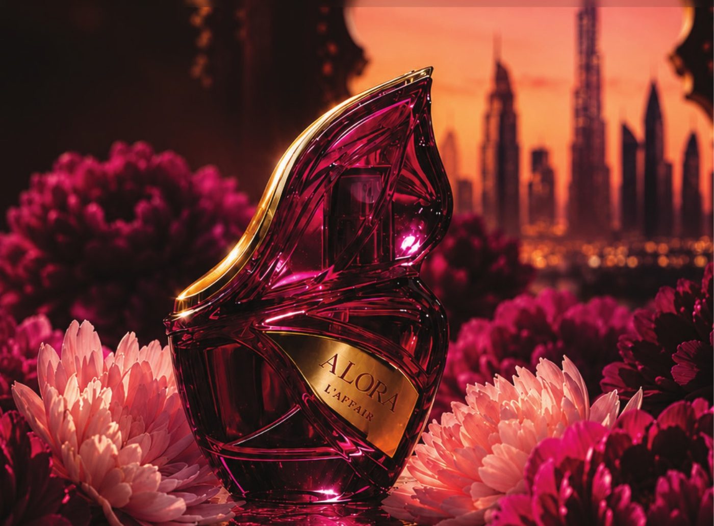 Alora bottle against a city skyline with peonies