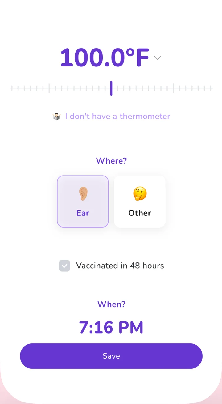 Logging a temperature of 100.0 F in FeverCoach